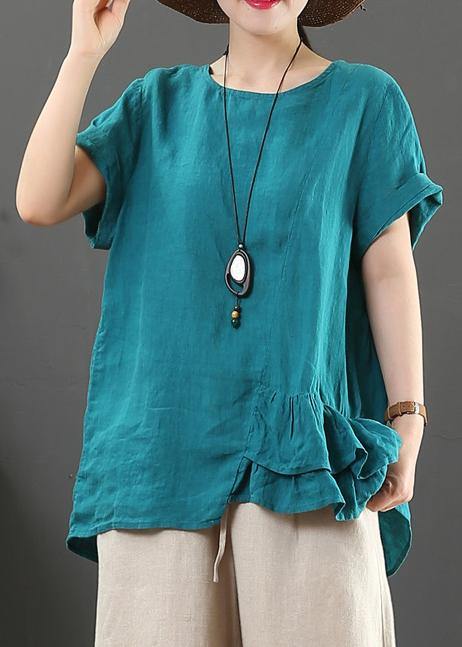 Diy O Neck Asymmetric Linen Cotton Summer Blue Loose Shirt