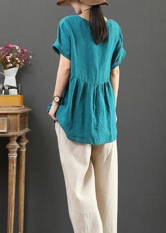 Diy O Neck Asymmetric Linen Cotton Summer Blue Loose Shirt