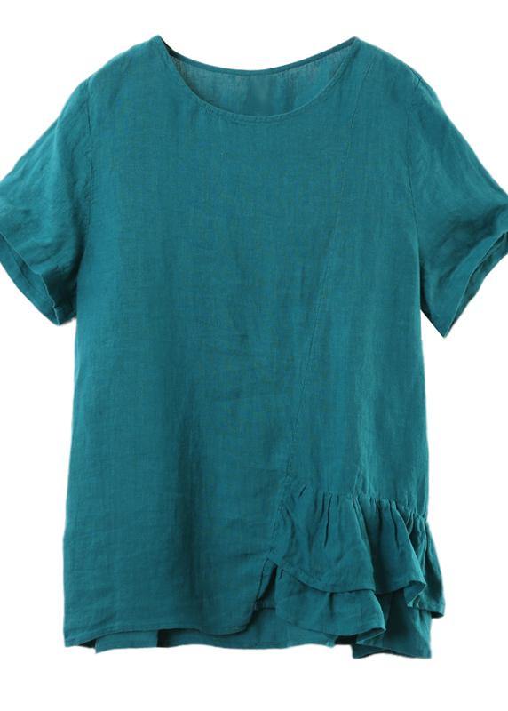 Diy O Neck Asymmetric Linen Cotton Summer Blue Loose Shirt