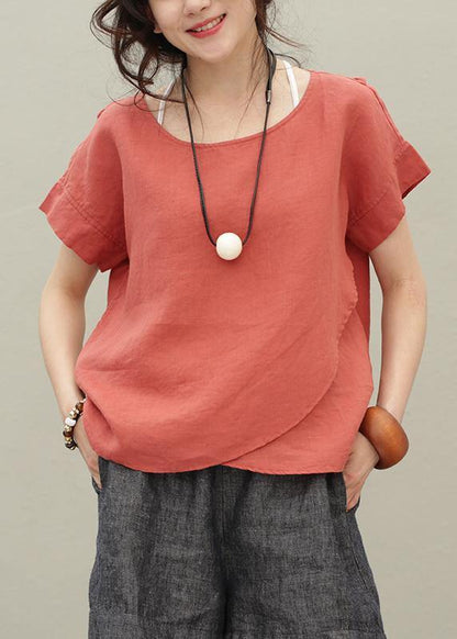Diy O Neck Asymmetric Linen Summer Shirts Work Outfits Red Tops