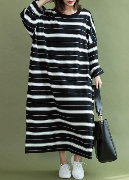 Diy O Neck Baggy Cotton Quilting Clothes Sewing Black White Striped Maxi Dress Fall