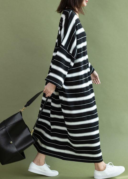 Diy O Neck Baggy Cotton Quilting Clothes Sewing Black White Striped Maxi Dress Fall