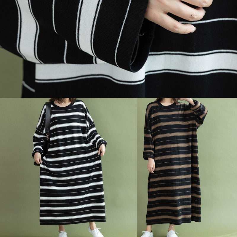 Diy O Neck Baggy Cotton Quilting Clothes Sewing Black White Striped Maxi Dress Fall
