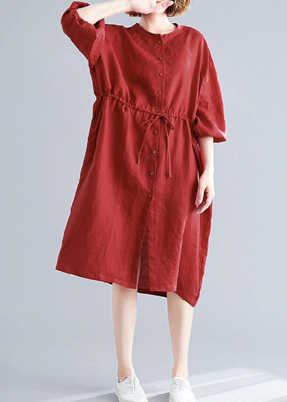 Diy O Neck Drawstring Linen Cotton Quilting Dresses Red Shirts Dresses Fall