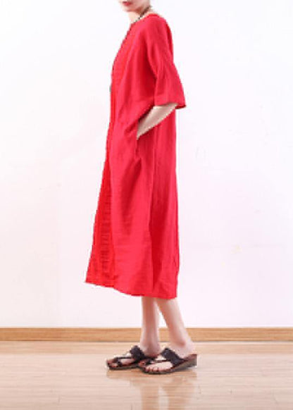 Diy O Neck Half Sleeve Linen Summer Robes Design Red Dresses