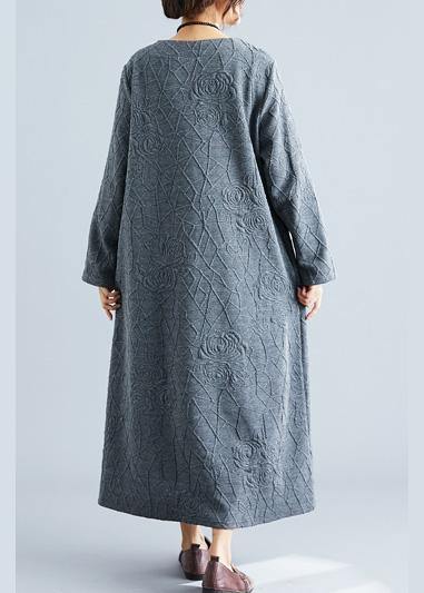Diy O Neck Jacquard Cotton Tunic Dress Catwalk Gray Maxi Dress Fall