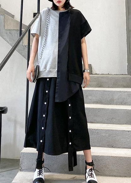 Diy O Neck Patchwork Cotton Summer Inspiration Gray Blouse