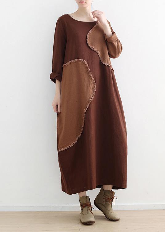 Diy O Neck Patchwork Linen Clothes for Pattern Chocolate Dresses Fall