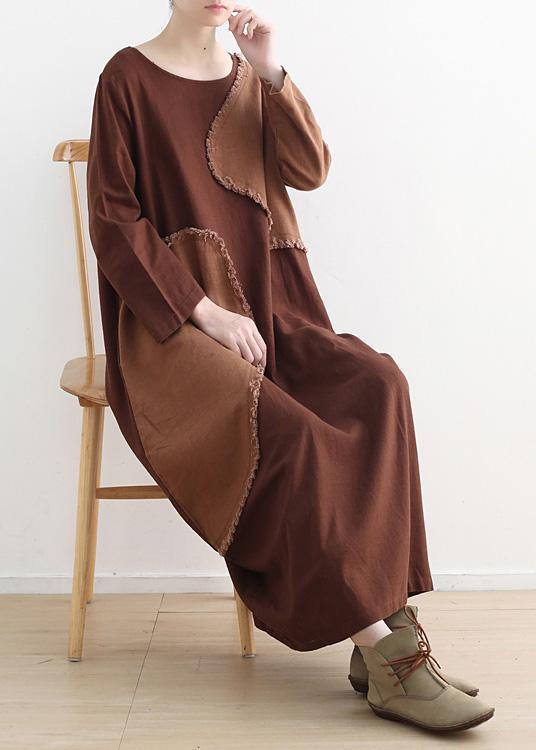 Diy O Neck Patchwork Linen Clothes for Pattern Chocolate Dresses Fall