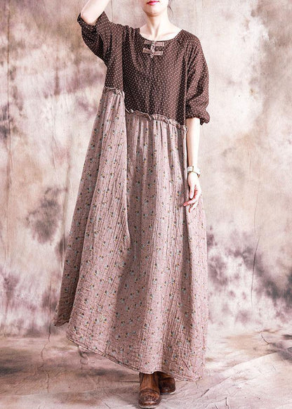 Diy O Neck Patchwork Linen Cotton Clothes for Neckline Brown Print Dress Fall