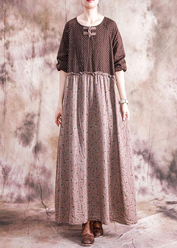 Diy O Neck Patchwork Linen Cotton Clothes for Neckline Brown Print Dress Fall