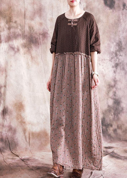 Diy O Neck Patchwork Linen Cotton Clothes for Neckline Brown Print Dress Fall