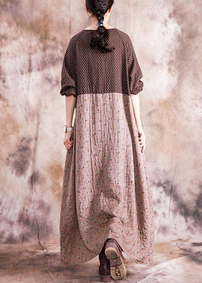 Diy O Neck Patchwork Linen Cotton Clothes for Neckline Brown Print Dress Fall