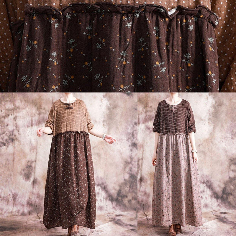 Diy O Neck Patchwork Linen Cotton Clothes for Neckline Brown Print Dress Fall