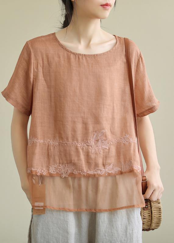 Diy O Neck Patchwork Linen Tunic Top Tutorials Orange Embroidery Blouses