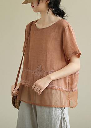 Diy O Neck Patchwork Linen Tunic Top Tutorials Orange Embroidery Blouses