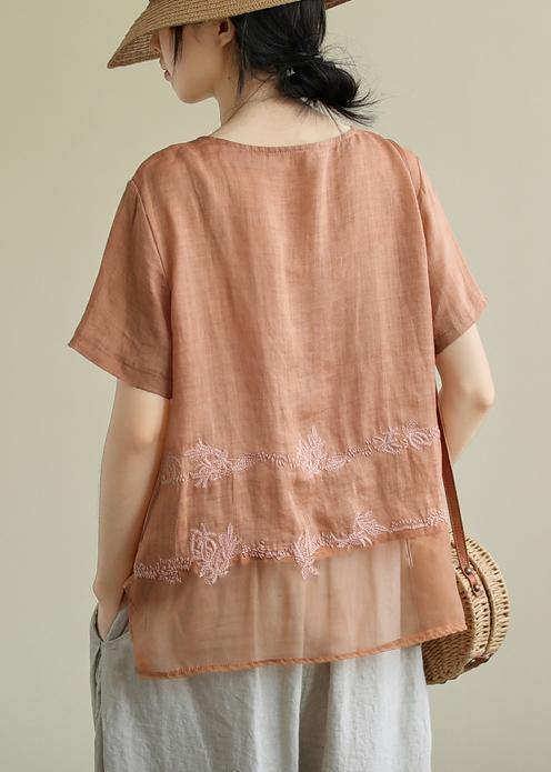 Diy O Neck Patchwork Linen Tunic Top Tutorials Orange Embroidery Blouses