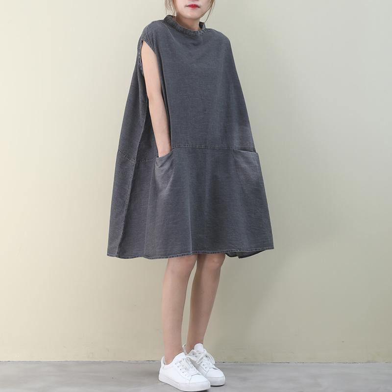 Diy O Neck Sleeveless Cotton Outfit Denim Gray Dress