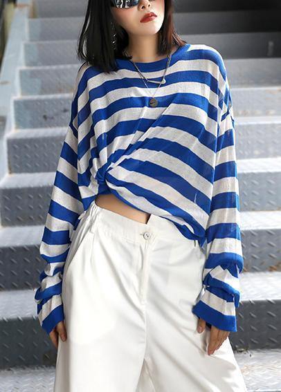DIY o neck summer shirts Neckline blue striped top
