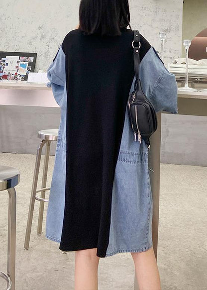 Diy O Neck Summer Tunics for Black Patchwork Denim Blue Dresses