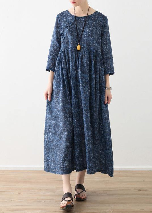 Diy O Neck Cinched Linen Clothes for Blue Print Dress