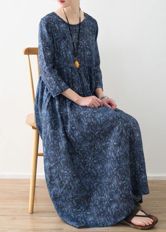 Diy O Neck Cinched Linen Clothes for Blue Print Dress