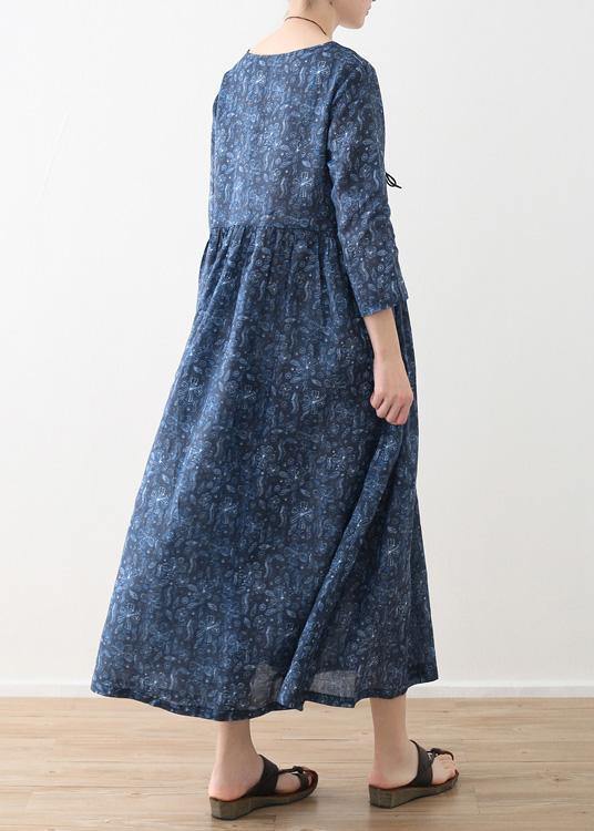 Diy O Neck Cinched Linen Clothes for Blue Print Dress