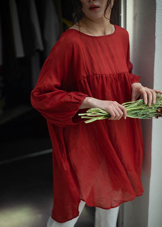 DIY o neck Cinched linen summer Blouse Shape red shirts