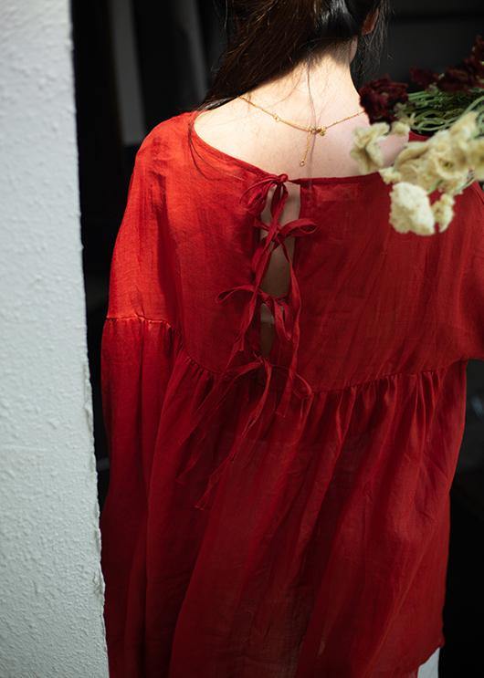 DIY o neck Cinched linen summer Blouse Shape red shirts