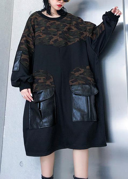 Diy Patchwork Cotton Big Pockets Tunics for Fabrics Black O Neck Dress