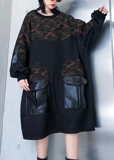 Diy Patchwork Cotton Big Pockets Tunics for Fabrics Black O Neck Dress
