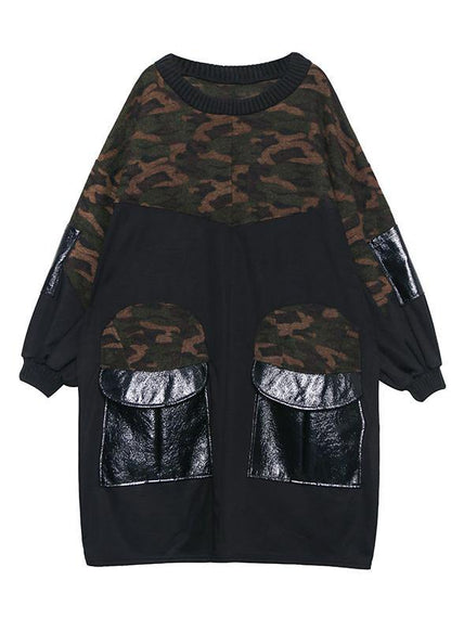Diy Patchwork Cotton Big Pockets Tunics for Fabrics Black O Neck Dress