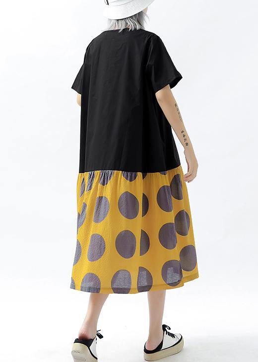 Diy Patchwork Pockets Cotton Linen Clothes Design Yellow Dotted Dresses Summer