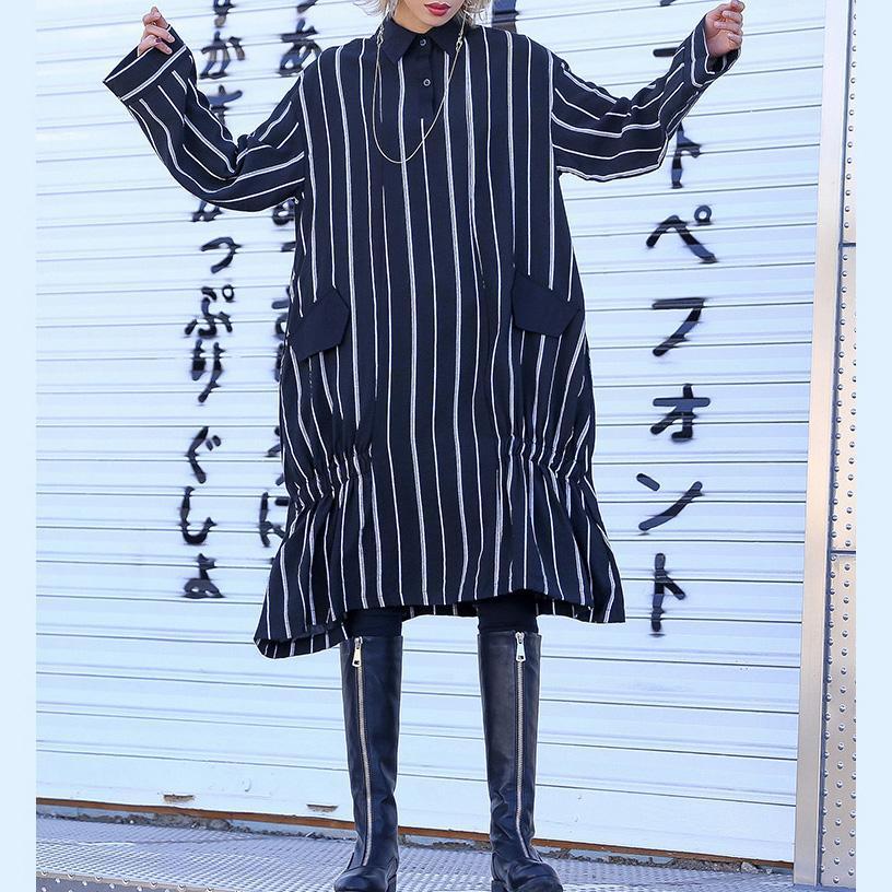 Diy Pockets Cotton Clothes for Fitted Shirts Black Striped Daily Dresses