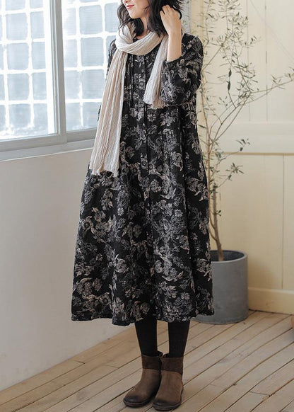 Diy Print Linen Cotton Outfit Stand Collar Cinched Cotton Fall Dress