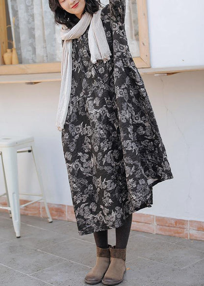 Diy Print Linen Cotton Outfit Stand Collar Cinched Cotton Fall Dress