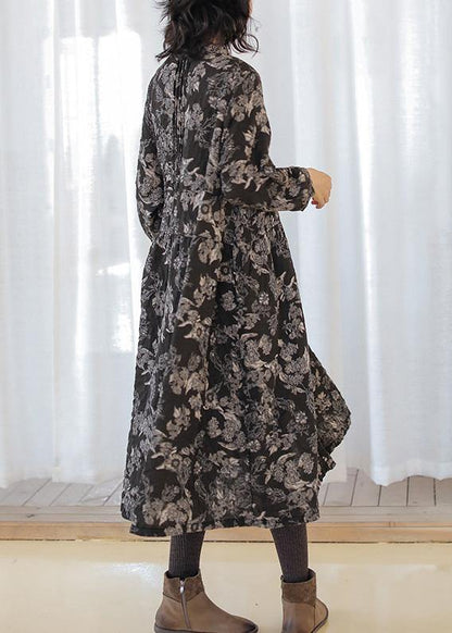 Diy Print Linen Cotton Outfit Stand Collar Cinched Cotton Fall Dress