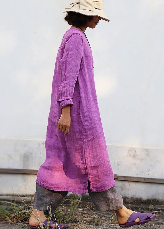 Diy Purple Linen Robes Embroidery Linen Robes O Neck Dresses