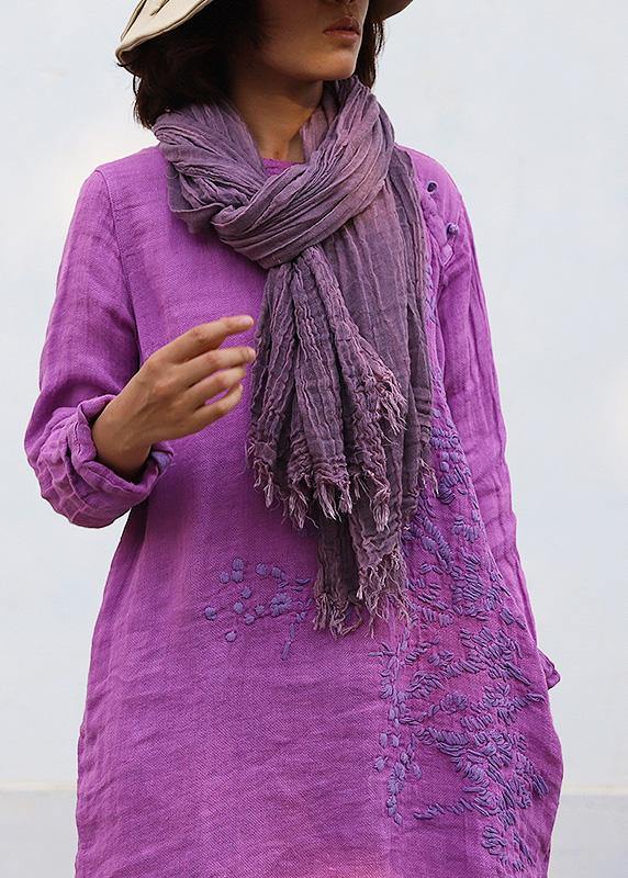Diy Purple Linen Robes Embroidery Linen Robes O Neck Dresses