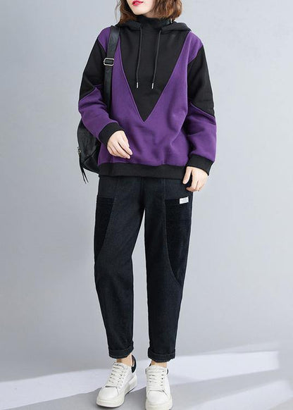 DIY purple top silhouette hooded patchwork oversized shirt
