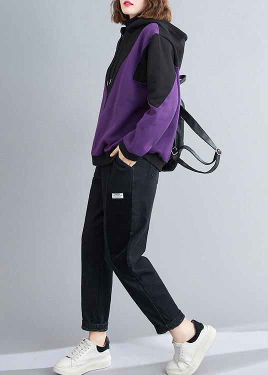 DIY purple top silhouette hooded patchwork oversized shirt