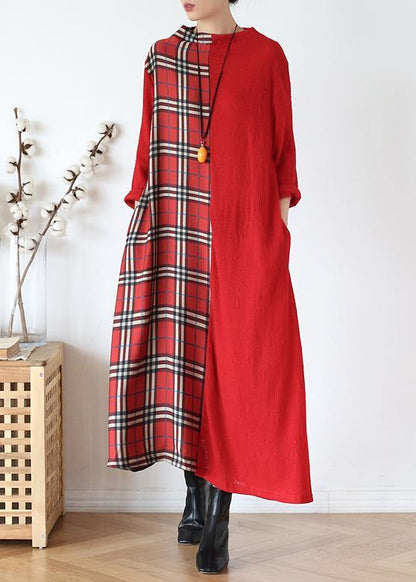Diy Red Plaid Clothes for High Neck Patchwork Long Fall Dresses