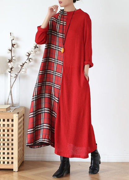 Diy Red Plaid Clothes for High Neck Patchwork Long Fall Dresses