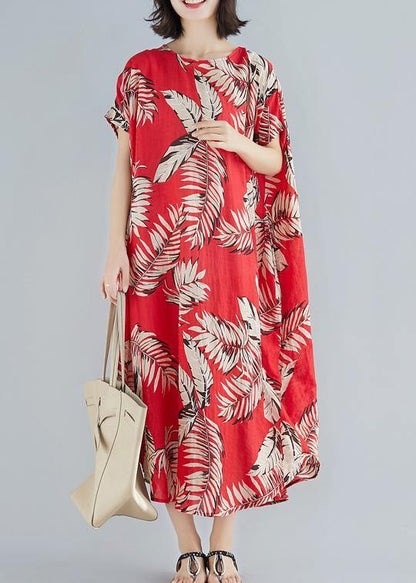 Diy Red Print Linen Cotton Soft Surroundings O Neck Pockets Loose Summer Dresses