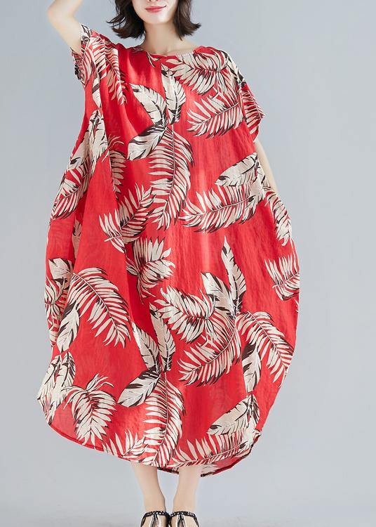 Diy Red Print Linen Cotton Soft Surroundings O Neck Pockets Loose Summer Dresses