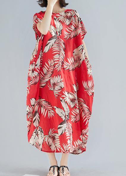 Diy Red Print Linen Cotton Soft Surroundings O Neck Pockets Loose Summer Dresses