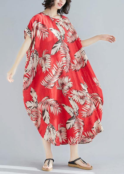 Diy Red Print Linen Cotton Soft Surroundings O Neck Pockets Loose Summer Dresses