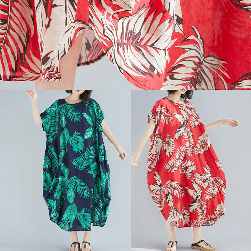 Diy Red Print Linen Cotton Soft Surroundings O Neck Pockets Loose Summer Dresses