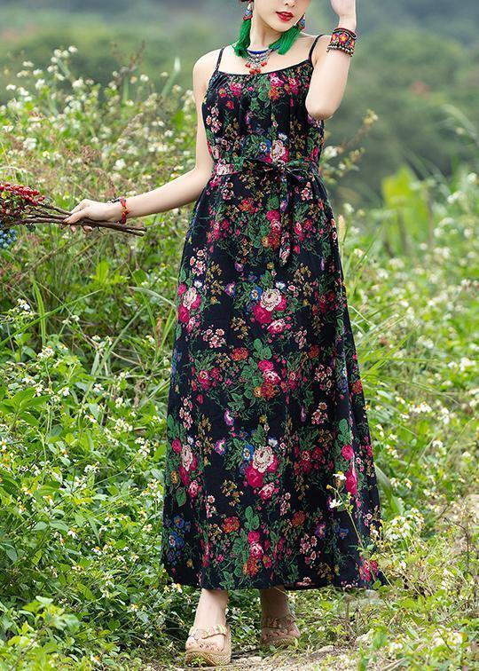 Diy Sleeveless Tie Waist Cotton Clothes Photography Black Print a Line Dresses Summer