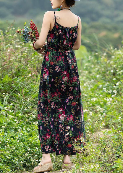 Diy Sleeveless Tie Waist Cotton Clothes Photography Black Print a Line Dresses Summer